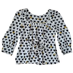 Leifsdottir Anthropologie Hearts Pattern 100% Silk Belted Blouse Womens Size 2